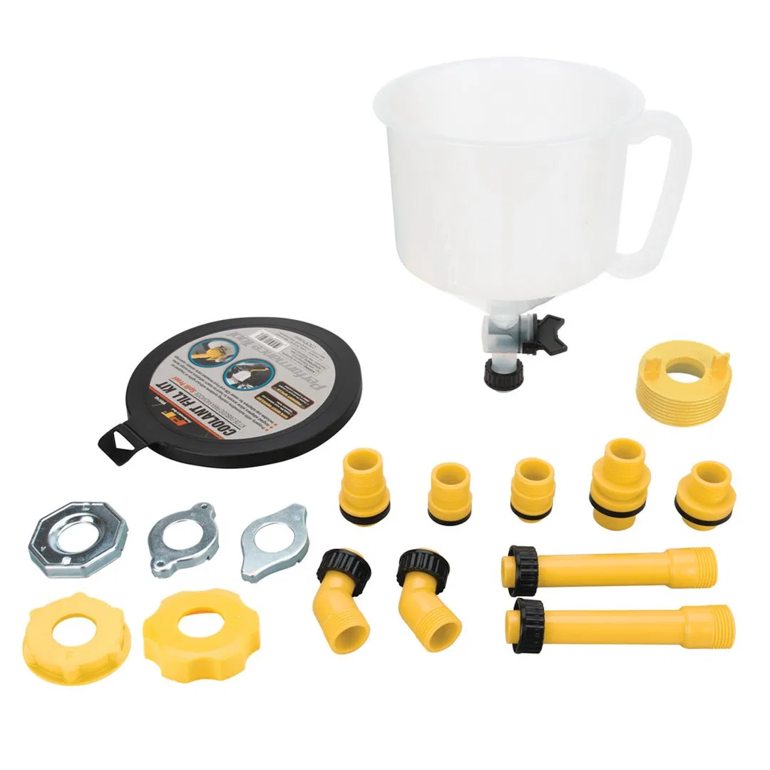 W89740 – PERFORM TOOL Funnel, Round Yellow Plastic With 5 Inch Straight Extension/ Two 2-1/4 Inch 45 Degree Elbows/ F...
